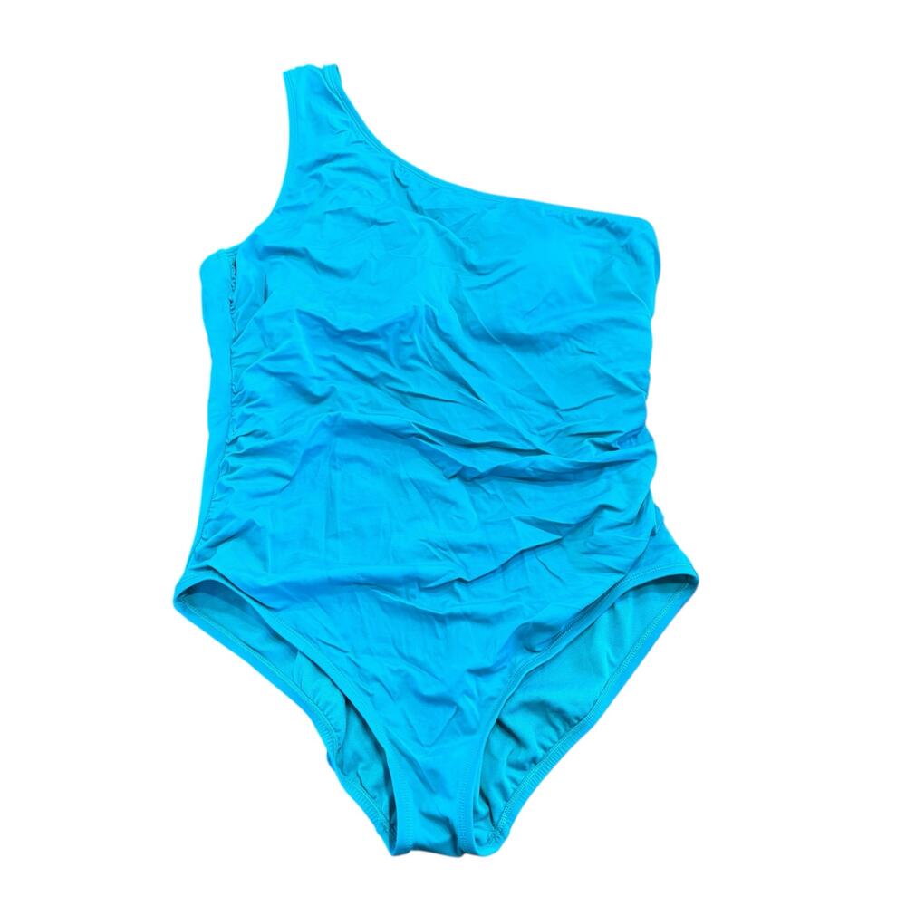 Time & Tru teal green one shoulder one-piece swimsuit w rouching, Size XL 14-16
